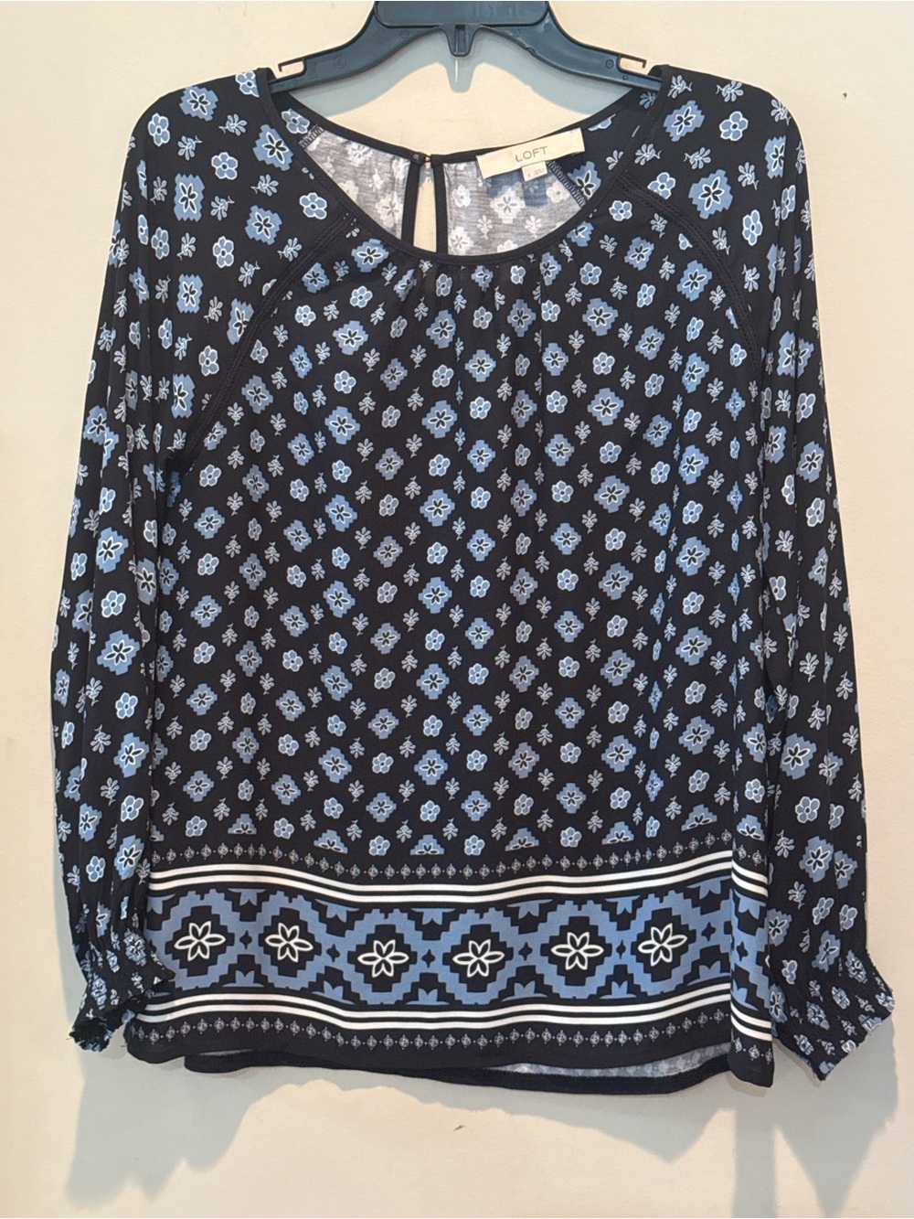 LOFT Navy and Light Blue Floral Border-Print Long Sleeve Tunic